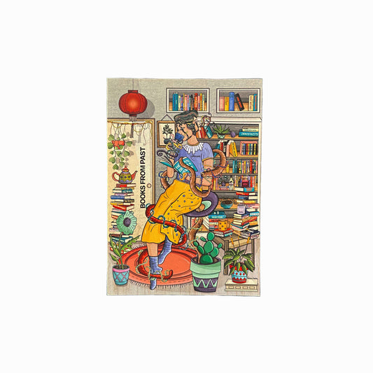 An illustration of a cluttered room filled with books, plants, and knick-knacks. A cat is sitting on top of a bookshelf, while a dog is sleeping on a rug. The room has a red hanging lamp and a window with a view of trees. The illustration is colorful and has a whimsical style. The text on the top left corner reads ‘Books & Monsters’.