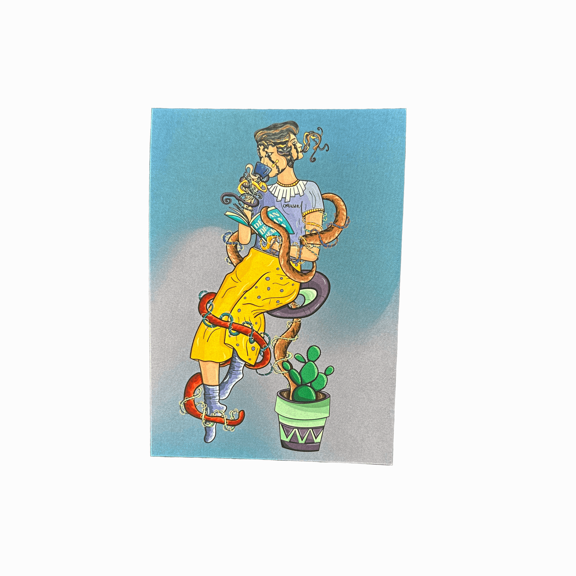 An illustration of a woman in a yellow dress holding a teapot with steam coming out of it. The woman is wearing a red apron and red shoes and has brown hair. She is standing on a green plant in a pot and is wearing a blue headband. The illustration is on a blue background.