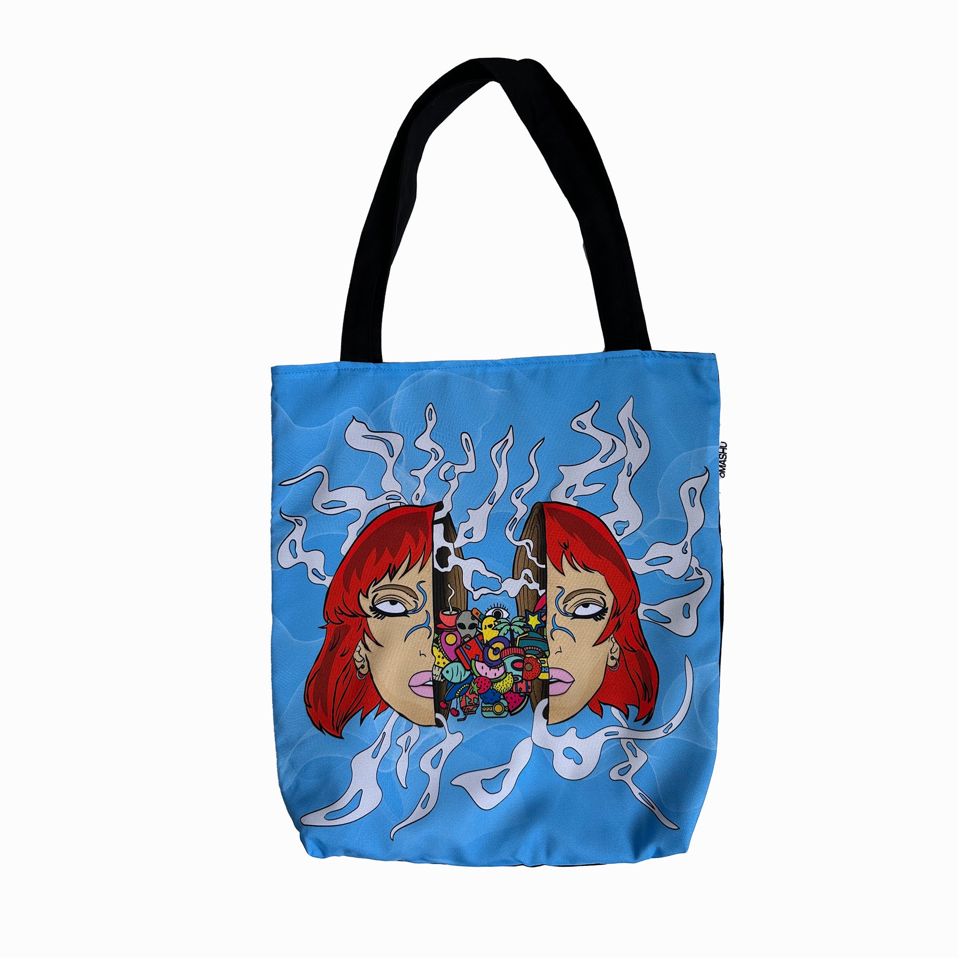 a blue tote bag with a cartoon design on it. The design is of a red-haired woman holding a bunch of colorful flowers with a face. The woman is surrounded by white smoke or steam. The tote bag has black handles and a black base. The background is white.