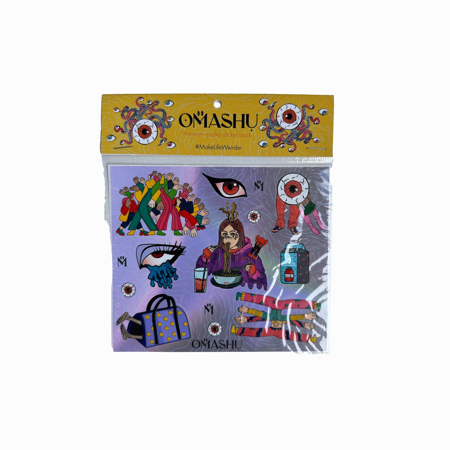 A pack of stickers in a clear plastic bag with a yellow cardboard header. The header has a floral design with two eyes and the text ‘OMASHU’ and ‘#MakeLifeWeirder’. The stickers are colorful and feature various designs such as a cat, a perfume bottle, a handbag, and a pair of lips. The stickers are arranged in a grid-like pattern on a purple background. The pack appears to be unopened and in new condition.