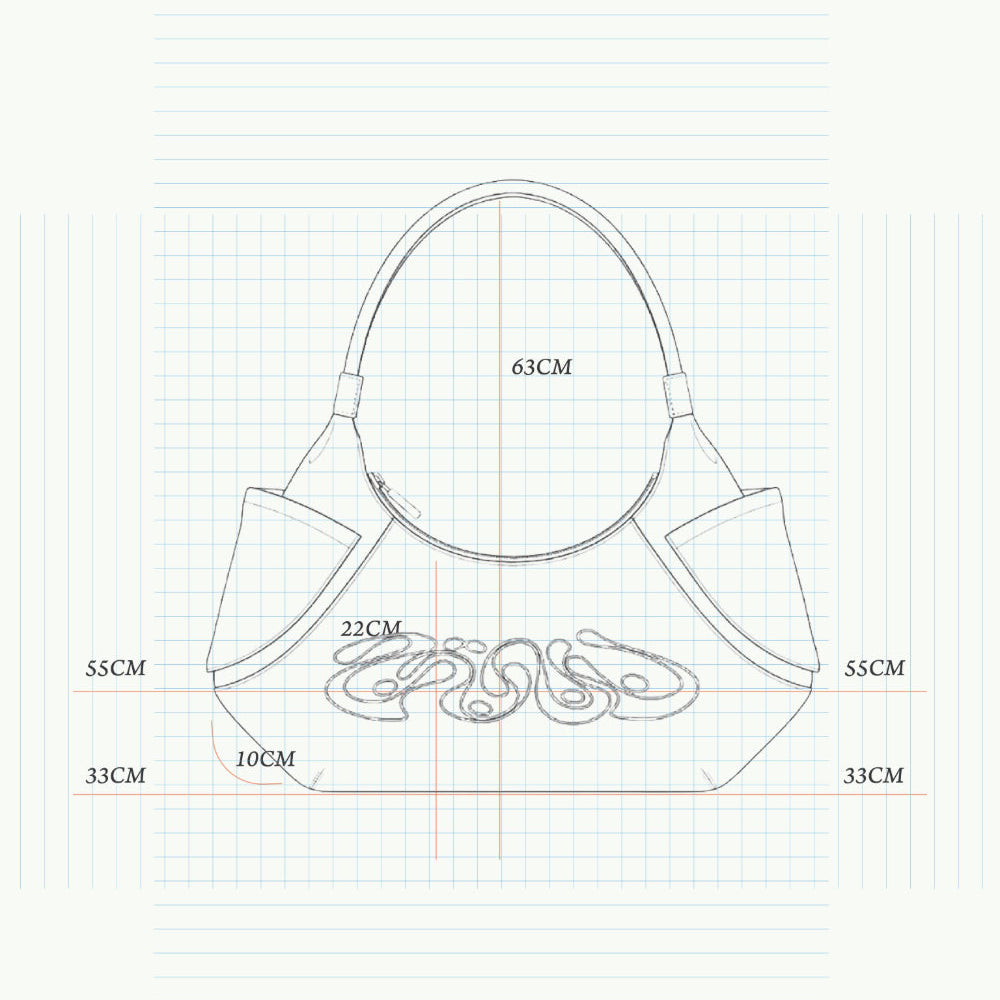 Technical drawing of a product with dimensions on a grid background