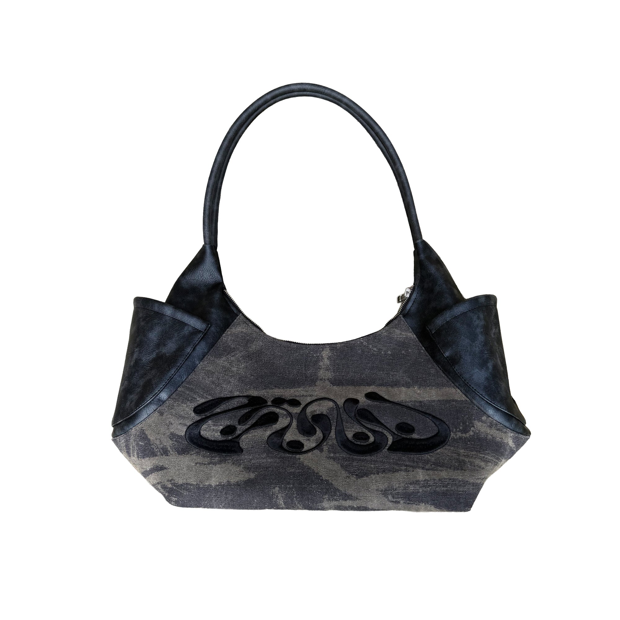 Black and gray handbag with a brand logo on a white background