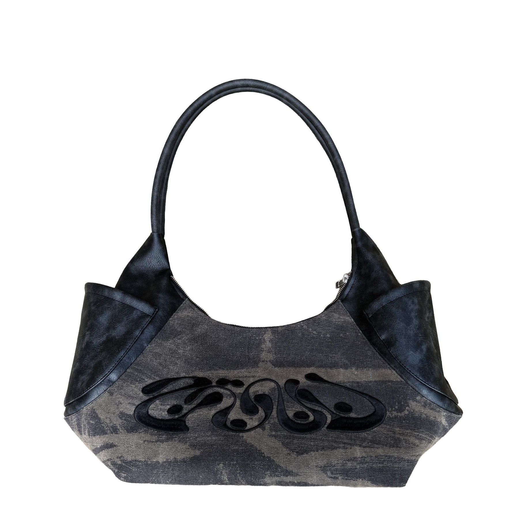 Black and gray handbag with a brand logo on a white background