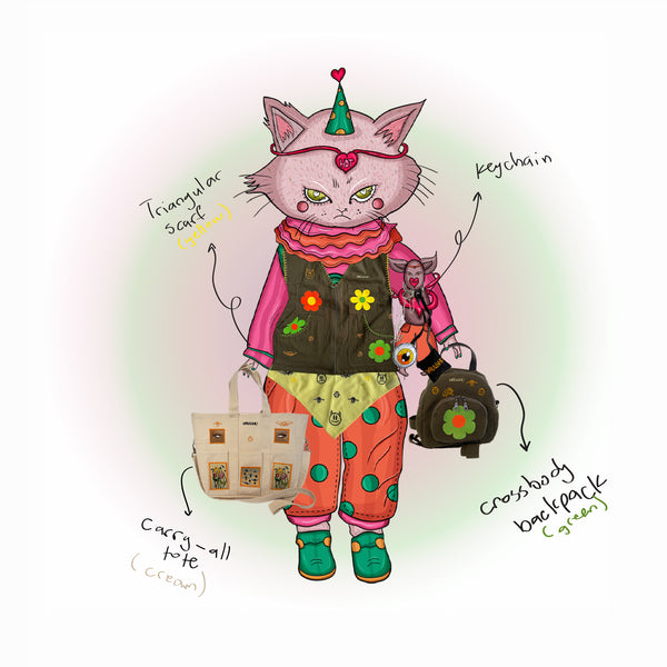 An illustrated cat character dressed in a whimsical outfit, featuring a green party hat, a pink headband with a heart, and a colorful vest decorated with flowers. The character holds two bags: a cream-colored carry-all tote in one hand and a green crossbody backpack with a flower design in the other. A small keychain with a miniature version of the cat hangs from the crossbody bag. The cat is wearing loose, bright pants with polka dots and green shoes. Several annotations highlight the items, including a tr